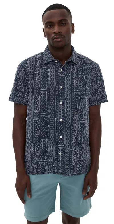 Billy Reid Short Sleeve Geo Stitch Embroidered Treme Shirt In Blue