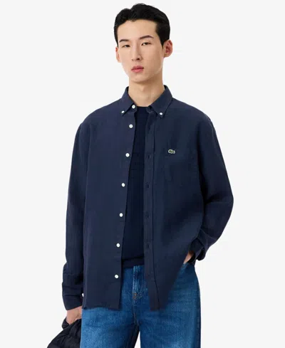 Lacoste Embroidered Crocodile Detail Blue Lino Shirt In Black