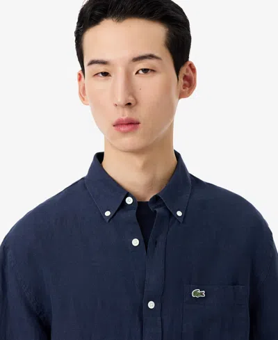 Lacoste Embroidered Crocodile Detail Blue Lino Shirt In Black