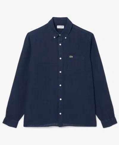 Lacoste Embroidered Crocodile Detail Blue Lino Shirt In Black