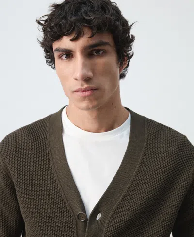 Mango Men's Medium Knit Microstructure Cardigan Sweater In Brown
