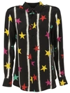 Saint Laurent Paris Collar Shirt In Black And Multicolor Stars And Spray Paint Printed Silk Crêpe In Black