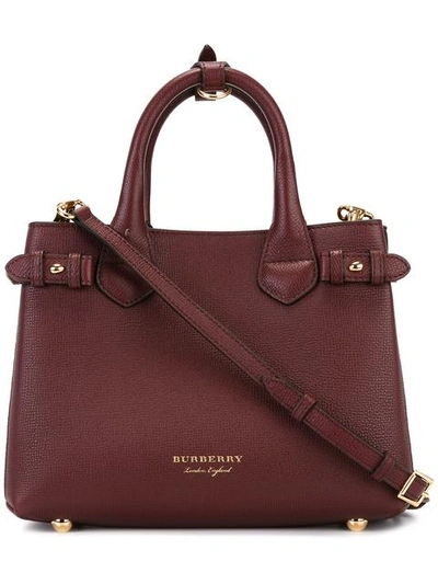 Burberry The Small Banner In Leather And House Check In Mahogany Red