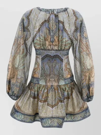 Zimmermann Wanderlust Multicolor Crewneck Mini Dress With Puffed Long Sleeves And All-over Print In Cotton And  In Multi