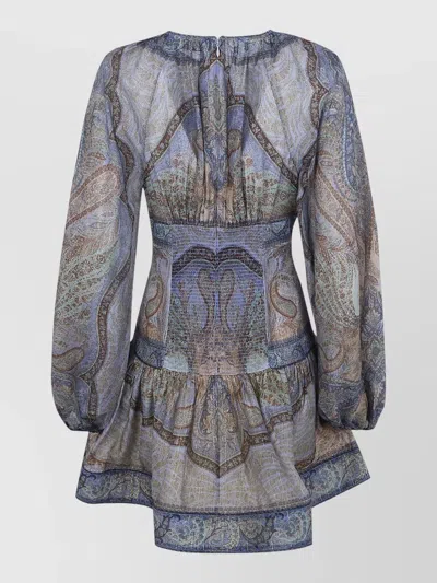 Zimmermann Wanderlust Multicolor Crewneck Mini Dress With Puffed Long Sleeves And All-over Print In Cotton And  In Multi
