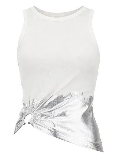 Rabanne Sleeveless Coast Tank Top With Silver Foil And Piercing Details In White