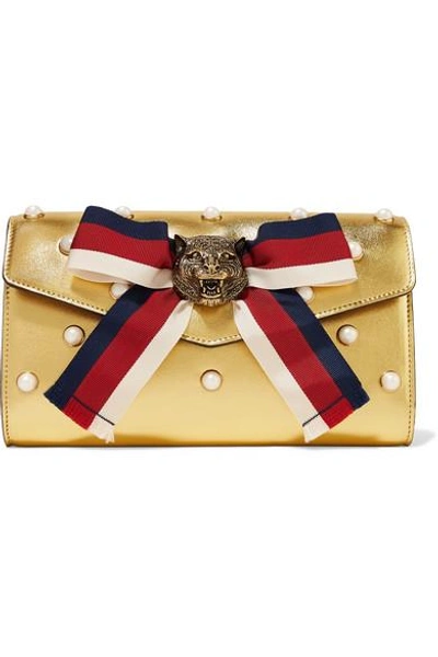 Shop Gucci Broadway Faux Pearl-embellished Metallic Leather Clutch