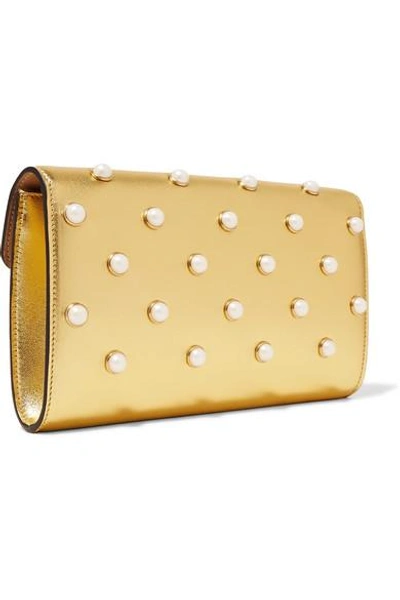 Shop Gucci Broadway Faux Pearl-embellished Metallic Leather Clutch