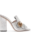 Gucci Marmont Fringed Logo-embellished Metallic Cracked-leather Mules In Silver