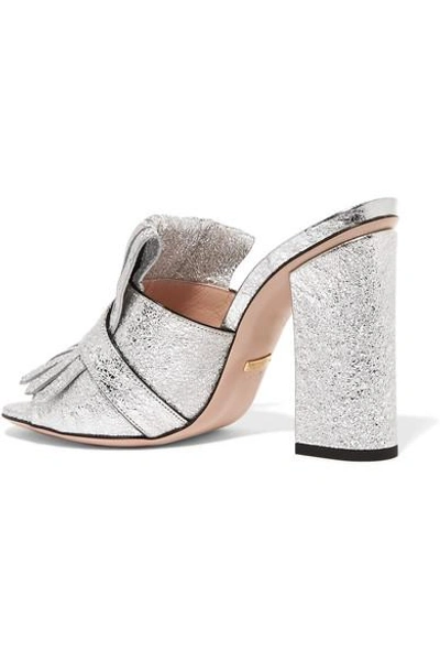 Shop Gucci Marmont Fringed Logo-embellished Metallic Cracked-leather Mules In Silver