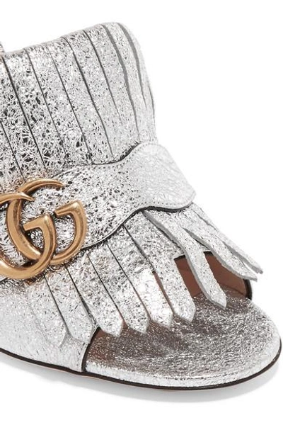 Shop Gucci Marmont Fringed Logo-embellished Metallic Cracked-leather Mules In Silver