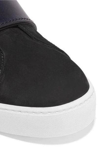 Shop Burberry Buckle-embellished Leather-trimmed Nubuck Slip-on Sneakers