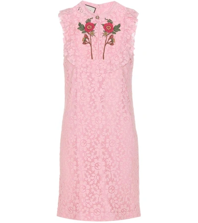 Gucci Flowers Embroidered Cotton Lace Dress In Pink