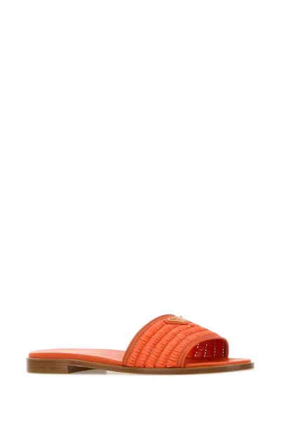 Prada Orange Raffia Slippers In Orange