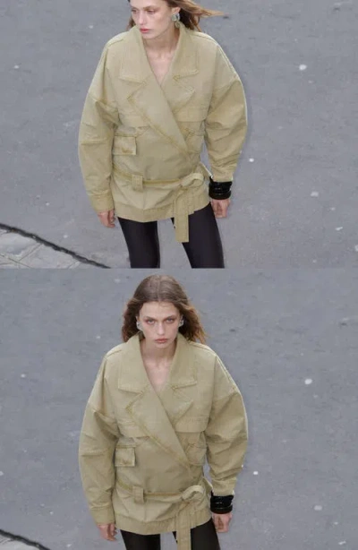 Mango Belted Denim Jacket In Green