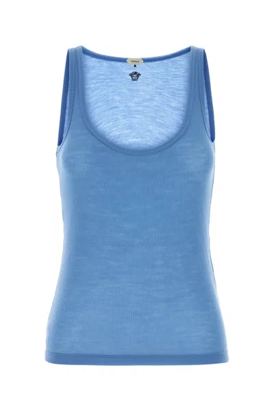 Versace Ribbed Silk-nylon Sleeveless Top With Subtle Logo In Blue