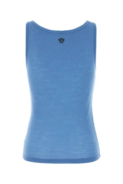 Versace Ribbed Silk-nylon Sleeveless Top With Subtle Logo In Blue