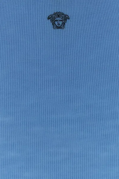 Versace Ribbed Silk-nylon Sleeveless Top With Subtle Logo In Blue