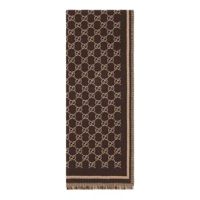 Gucci Patterned Rectangular Wool Scarf In Brown