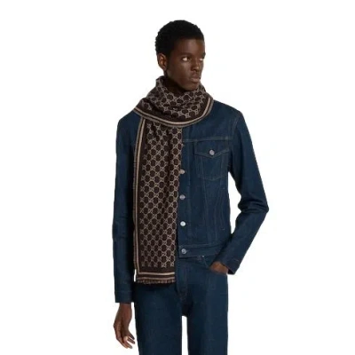 Gucci Patterned Rectangular Wool Scarf In Brown