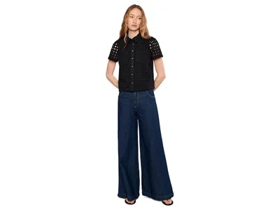 Cece Eyelet Short Sleeve Collared Button Down Top In Black