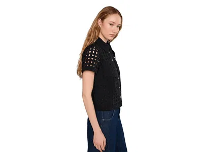 Cece Eyelet Short Sleeve Collared Button Down Top In Black