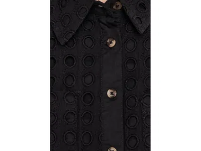 Cece Eyelet Short Sleeve Collared Button Down Top In Black