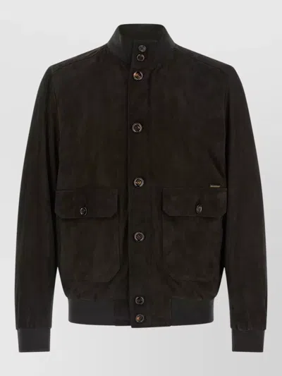 Moorer Brown Solid Mandarin Collar Jacket In Brown