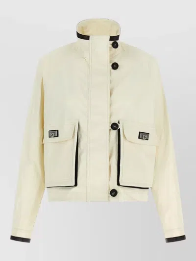 Ferragamo Technical Linen Jacket High Collar Long Sleeves In White