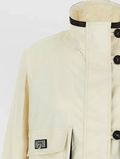 Ferragamo Technical Linen Jacket High Collar Long Sleeves In White