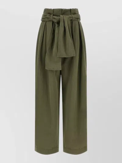Balmain Belted Pleated Cotton And Linen-blend Twill Tapered Pants In Green