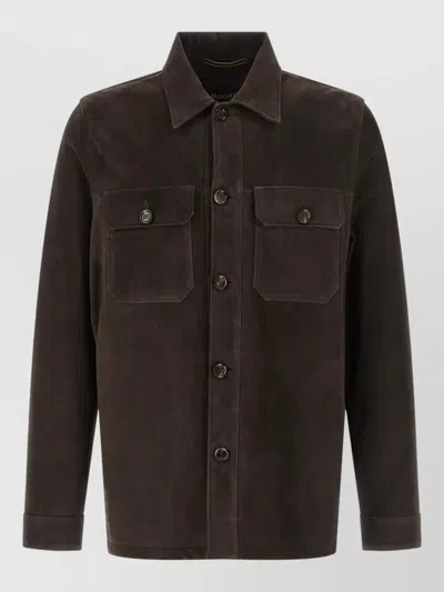 Moorer Brown Solid Shirt Collar Jacket In Brown