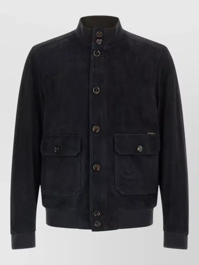 Moorer Blue Solid Mandarin Collar Jacket In Black
