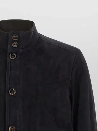 Moorer Blue Solid Mandarin Collar Jacket In Black