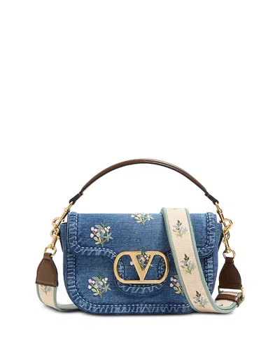 Valentino Alltime Medium Embroidered Denim Shoulder Bag With Embroidered Ribbon Strap In Multi