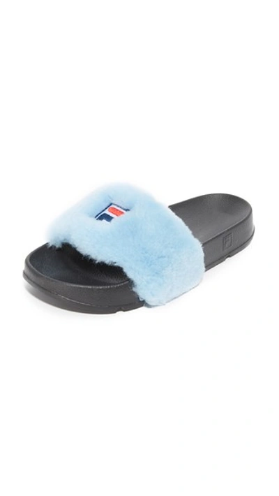 Baja East Blue Fila Edition Shearling Drifter Slides In Malibu