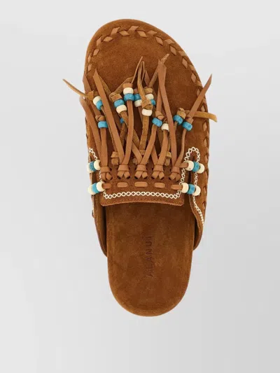 Alanui Journey Beaded Braided Flat Open Toe Slides In Brown