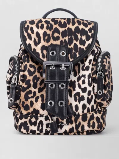 Ganni Mini Leopard Print Drawstring Backpack With Side Zip Pockets