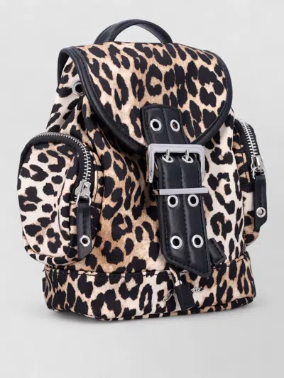 Ganni Mini Leopard Print Drawstring Backpack With Side Zip Pockets