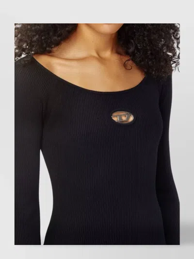 Diesel Women Black U Neck Dress With D-logo In Ribbed Fabric Woman In Black