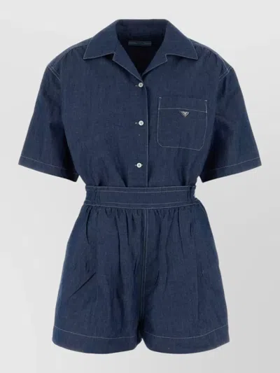 Prada Chambray Jumpsuit Belted Waist Chest Pocket Short Sleeves In Blue