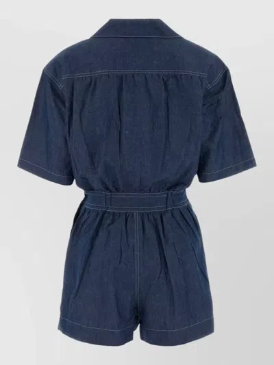 Prada Chambray Jumpsuit Belted Waist Chest Pocket Short Sleeves In Blue
