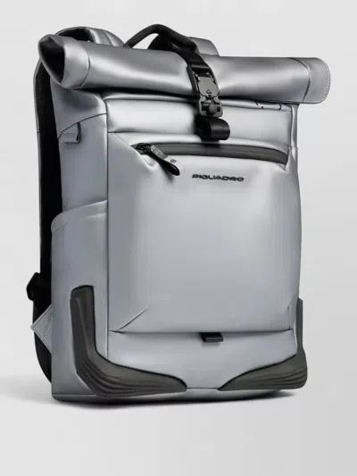 Piquadro Roll Top Fabric Backpack Adjustable Straps In Silver