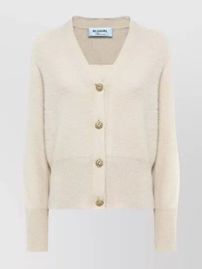 Blugirl V-neck Sweater With Button Embellishments And Long Sleeves In White