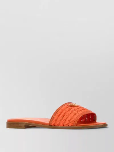 Prada Raffia Open Toe Flat Sole Slides In Orange