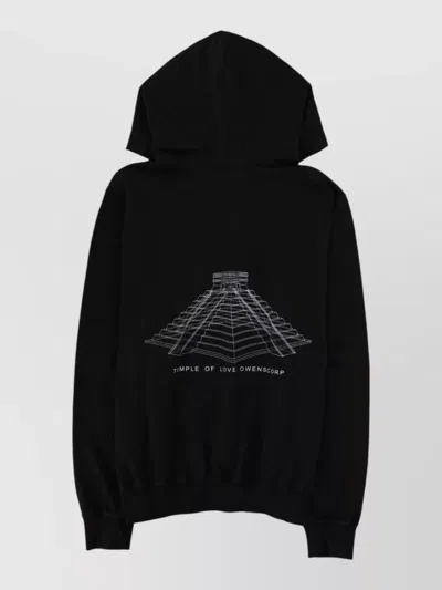 Rick Owens Hooded Sweatshirt Print Oversized Ribbed Cuffs In Black