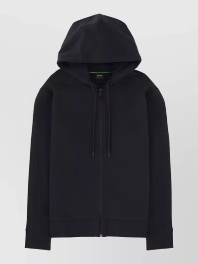Hugo Boss Mens Dark Blue Branded Pouch-pocket Stretch-jersey Hoody Xl In Black
