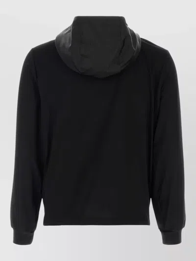 Prada Stretch Cotton Hooded Sweatshirt Chest Pocket In Black