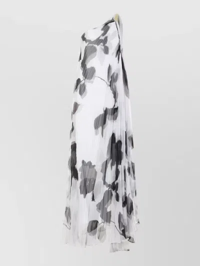 Max Mara Chiffon Dress With An All-over Printasymmetrical Neckline With Metal Detail On The Left Shoulder In White