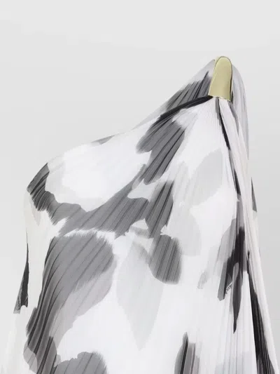 Max Mara Chiffon Dress With An All-over Printasymmetrical Neckline With Metal Detail On The Left Shoulder In White